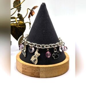 "5/$25" Silvertone Pink Bead Cat Kitty Charm Bracelet